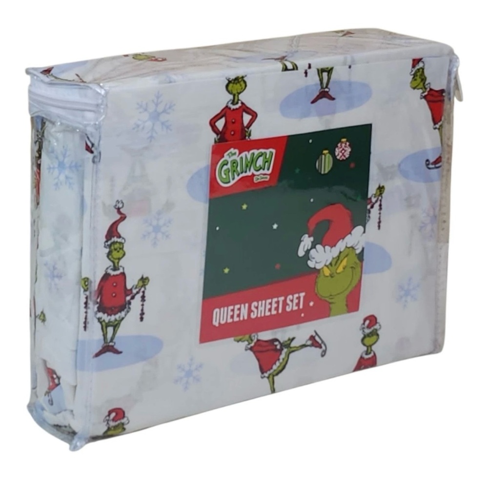 Dr. Seuss THE GRINCH CHRISTMAS Queen Size Cotton Sheet Set Soft New in Package
